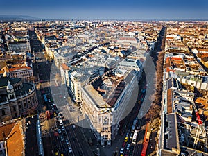 Budapest, Hungary - Aerial panoramic skyline of Budapest with Andrassy street and BajcsyÃ¢â¬âZsilinszky street photo